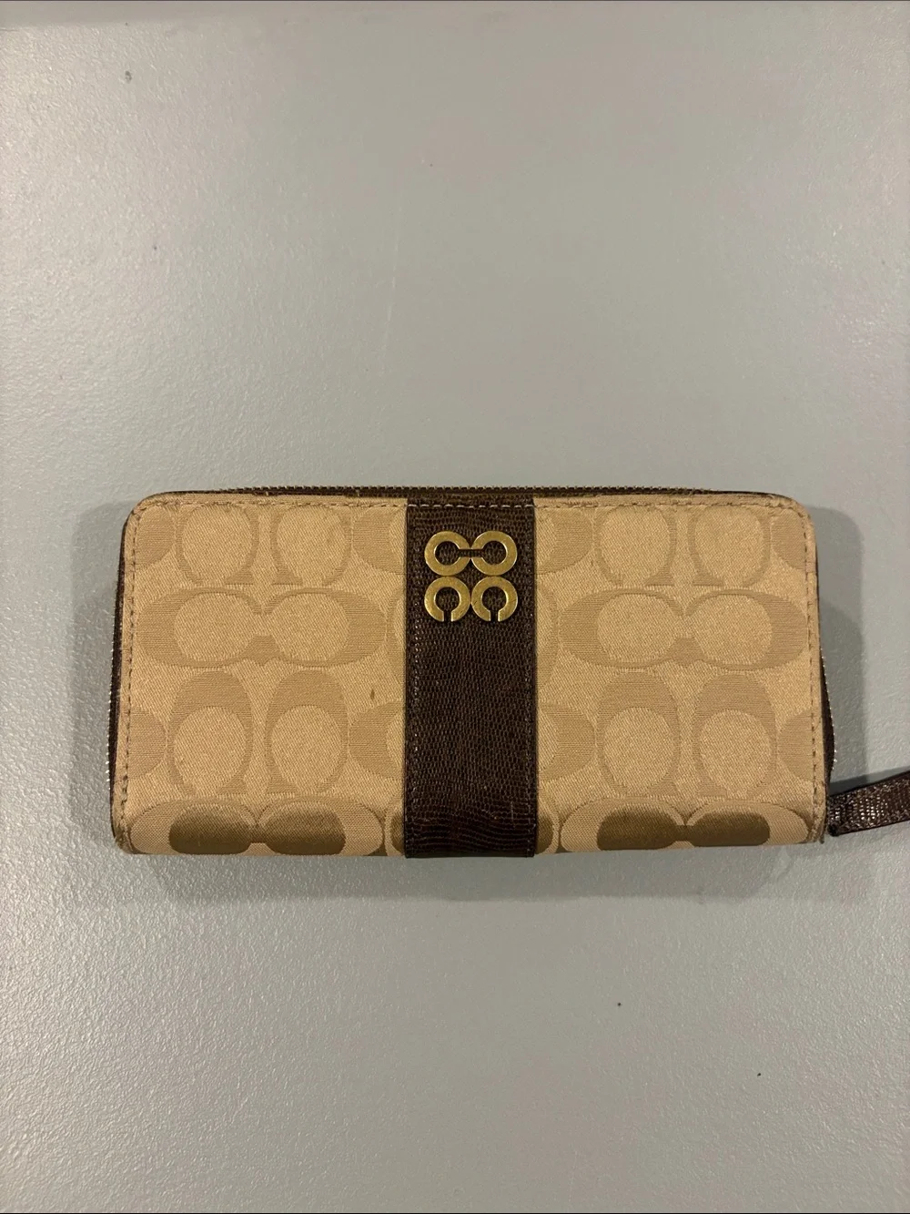Coach Beige Signature Canvas Zip Wallet with Brown Center Stripe